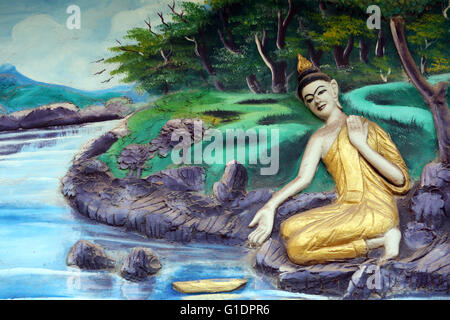 Wat Inpeng buddhist temple.  Painting depicting the life story of Shakyamuni Buddha. Bathing in the river.  Vientiane. - Stock Photo