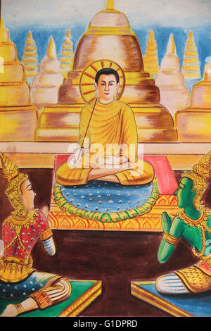 Painting depicting the life story of Shakyamuni Buddha. The Buddha devoted himself to teaching, attracting hundreds - Stock Photo