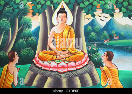 Painting depicting the life story of Shakyamuni Buddha. Kasi. Laos. - Stock Photo