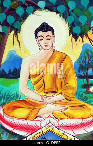 Wat Inpeng buddhist temple.  Painting depicting the life story of Shakyamuni Buddha. Buddha sitting in the meditation - Stock Photo