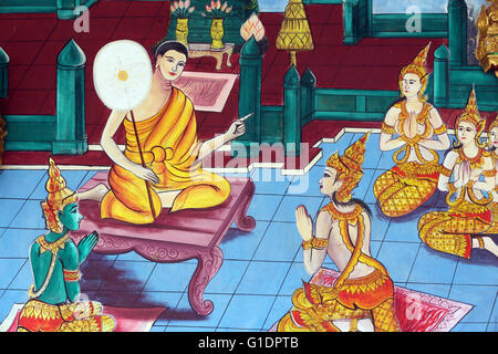 Wat Inpeng buddhist temple.  Painting depicting the life story of Shakyamuni Buddha. Vientiane. Laos. - Stock Photo