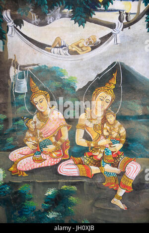 Painting depicting the life story of Shakyamuni Buddha. Wat Naxai. Vientiane. Laos. - Stock Photo