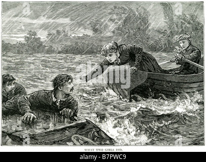 Ce que deux jeunes filles a fait un acte courageux marins mer tempête naufrage sauvetage héros noyade navire chavirer Banque D’Images
